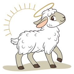 Cute Cartoon Lamb with Halo and Sun – Eid al-Adha Sacrificial Animal Illustration