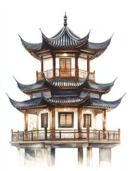 Fototapeta premium Watercolor Chinese Pagoda, Isolated on White Background