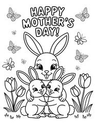 Fototapeta premium A heartwarming Mother's Day coloring page featuring a large bunny hugging two smaller bunnies