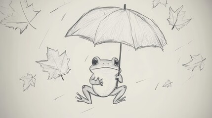 Rainy day scene featuring a frog with an umbrella.