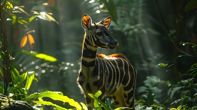 **Okapi Standing In Shadow-Dappled Jungle Light, Stripes Glowing Subtly In Visual Contrast --Ar 16:9 --S 997 --V 6.0 --Style Raw** - @Darya (Relaxed)