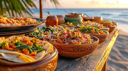 Beachfront Sunset Buffet Colorful Dishes and Tranquil Ocean View