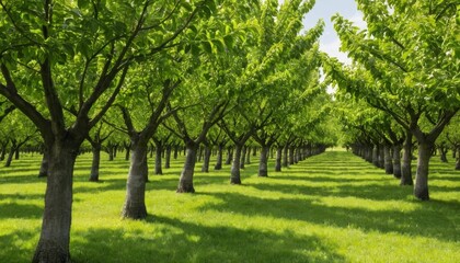 Fototapeta premium Lush Green Orchard with Symmetrical Rows of Trees Under Bright Blue Sky in Vibrant Summer Landscape