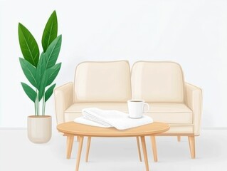 Cozy and Minimalist Living Room with Potted Plant on Coffee Table  Serene and Elegant Home Interior Design with Comfortable Sofa and Wooden Table