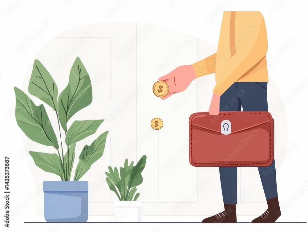 Poster hand picking coins from an open wallet in a flat design representing the concepts of personal financ