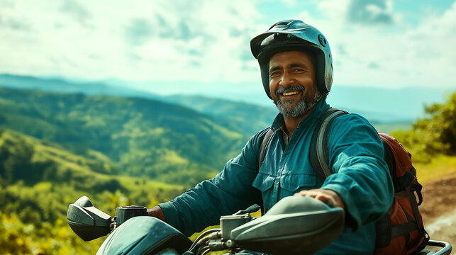 Joyful middle-aged Indian man enjoying an adventurous motorcycle ride through scenic mountains on a sunny day