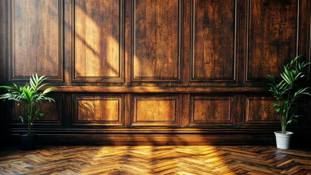 Sunlight on wood paneled wall with plants, room interior, classic style
