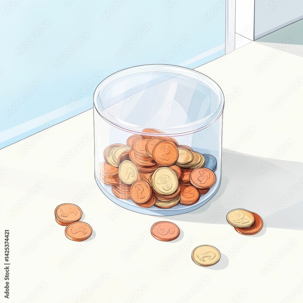 Poster depicting a transparent glass jar or container filled with various metal coins sitting on a table wi