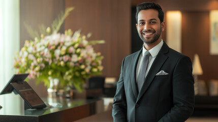 Fototapeta premium Luxury hotel concierge in India welcomes guest with warm smile and professional demeanor in an elegant setting