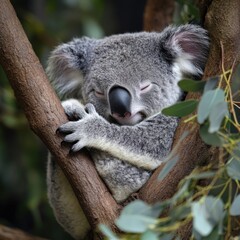 Obraz premium Sleepy koala resting in eucalyptus tree (1)