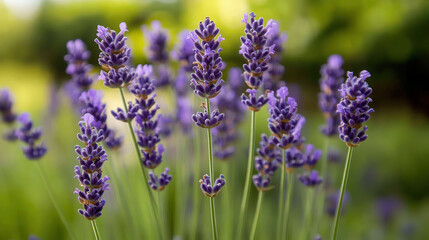 Obraz premium Vibrant lavender flowers blooming in a sunny garden, surrounded by lush greenery