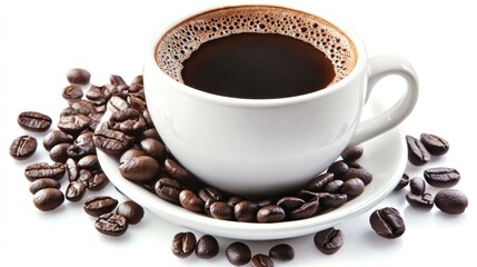 Fototapeta premium A cup of rich, dark coffee surrounded by roasted beans