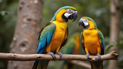 Fototapeta premium Vibrant Macaws Resting on Branch in Tropical Forest Setting