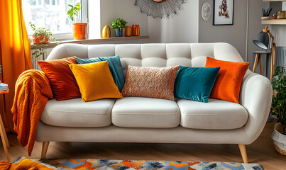 Cream Sofa With Colorful Throw Pillows In A Cozy Living Room