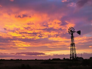 Obraz premium A windmill is standing in a field with a beautiful sunset in the background