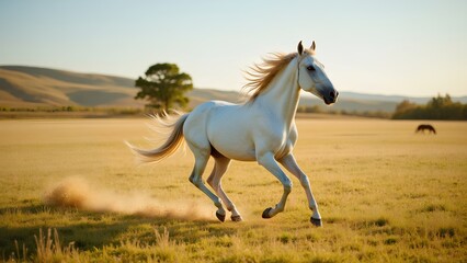 Fototapeta premium Majestic White Horse Galloping Through Golden Meadow Landscape