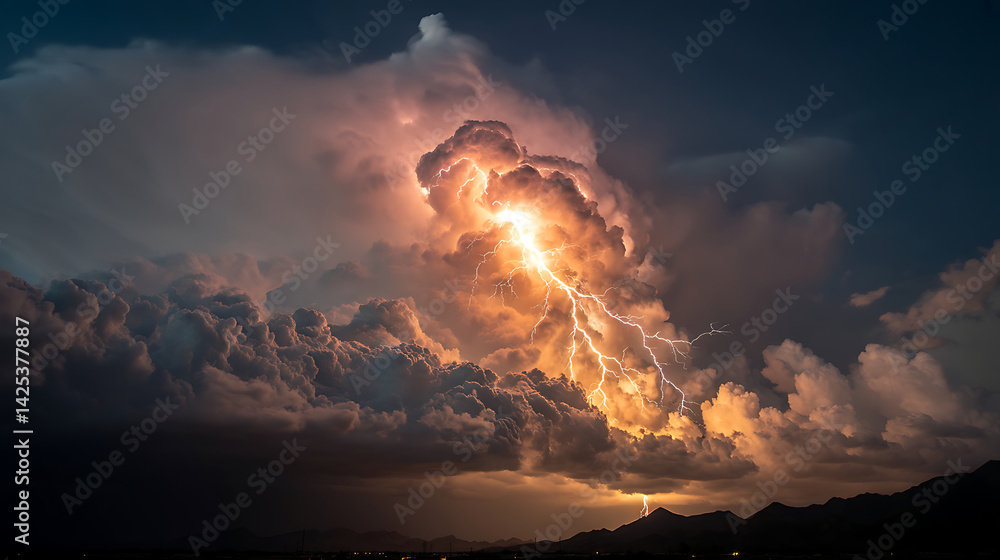 Poster a bright lightning bolt passing through the dark sky. the clouds around are illuminated, creating a 
