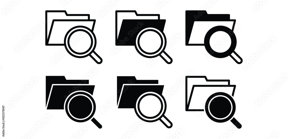 Poster search folder icons magnifying glass overlapping file black and white color vector design