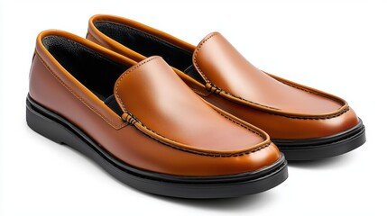 Fototapeta premium A pair of stylish light brown leather men's loafers with a classic design sits on a clean white background showcasing its sleek silhouette and comfortable sole.