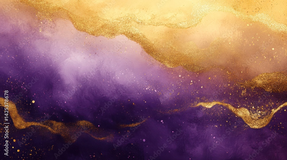 Poster golden opulence intertwines with ethereal violet hues, creating an abstract design