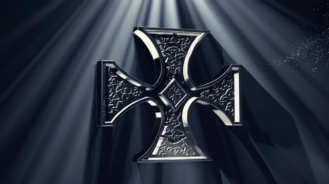 Silver templar cross rotating under light rays
