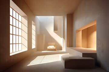 Obraz premium Minimalist beige photography studio with soft gradients and window light, creating organic shadows, perfect for product display in a clean contemporary space.