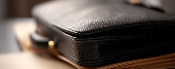 leather briefcase rests on top of legal documents, suggesting professionalism