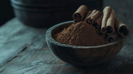 Wooden bowl filled with cinnamon powder and sticks on rustic wooden table.