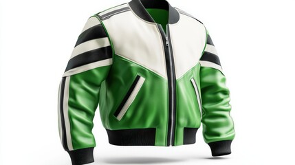 A stylish green and white leather bomber jacket with black stripes is presented on a white background showcasing its sleek design and perfect fit for a modern fashion look.