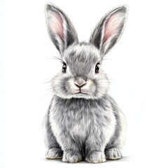 Adorable gray bunny,  seated,  looking directly at viewer.  Soft, fluffy fur.  Pastel colors.  Realistic digital art