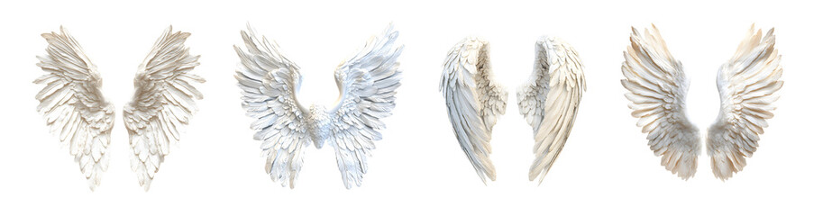 Set of Multiple white angel wings sculptures, isolated on transparent background