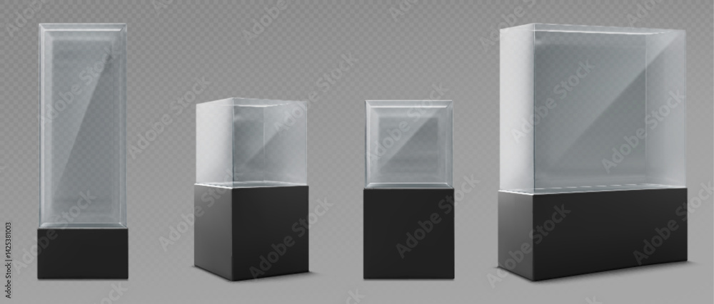 Aufkleber glass museum display cases set - various sized transparent rectangular boxes with black bases. tall 