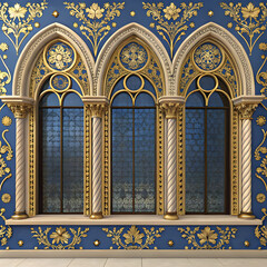 Ornate Gothic Architectural Facade with Golden Floral Arches and Blue Background Design