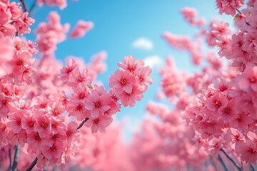 Pink cherry blossoms against a bright blue sky springtime floral beauty