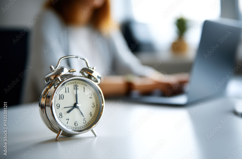 Poster vintage alarm clock on desk with blurred background of person working on laptop, creating sense of u