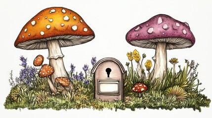 Colorful fungi and wildflowers near a miniature mailbox.