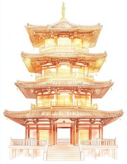 Glowing Asian Pagoda in Watercolor Style