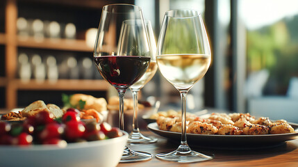 Naklejka premium Glasses of red and white wine are arranged on a table with various appetizers for a wine tasting party