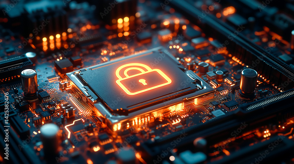 Aufkleber glowing cloud with a padlock is floating over a circuit board, representing the concept of cloud com