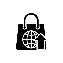 Shopping bag with online globe symbol and arrow representing e-commerce