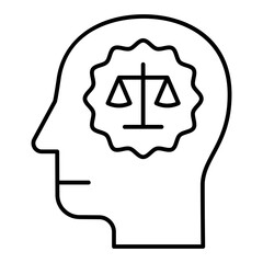Man head with lawyer brain thin line icon, jurisprudence concept. Vector graphics. Human and mind with scales, justice sign on white background, linear style for mobile or design.