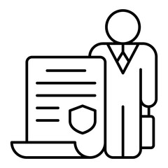 Lawyer man with contract paper thin line icon, jurisprudence concept. Vector graphics. Family lawyer with document, support sign on white background, linear style for mobile or design.
