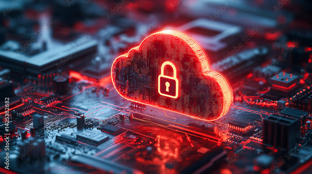 Aufkleber glowing cloud with a padlock is floating over a circuit board, representing the concept of cloud com