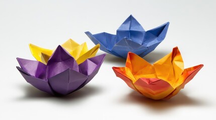 Three colorful origami lotus flowers on a white background.