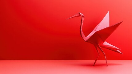 Red origami crane on a vibrant red background.