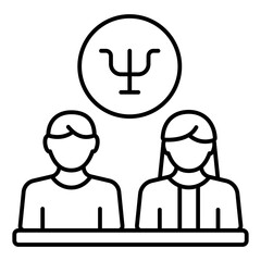 Man and woman with trident bubble thin line icon, family psychology concept. Vector graphics. Couple relationships with problem, talk sign on white background, linear style for mobile or design.