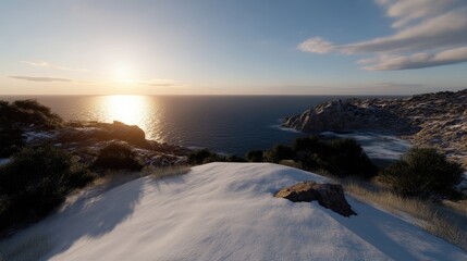 Obraz premium Snowy coastal landscape at sunset. Ocean views