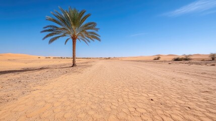 Desert landscape with lone palm tree.  A sandy track extends into the distance under a clear blue sky