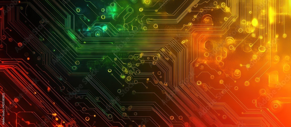 Poster illuminated microchip design with vibrant colorful glowing circuitry layout