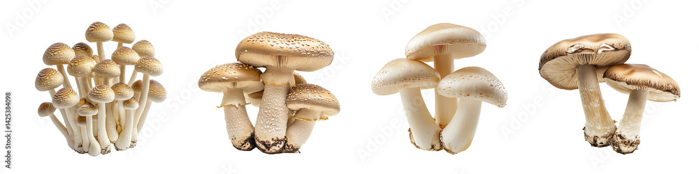 Poster set of various types of mushrooms displayed in clusters. isolated on transparent background